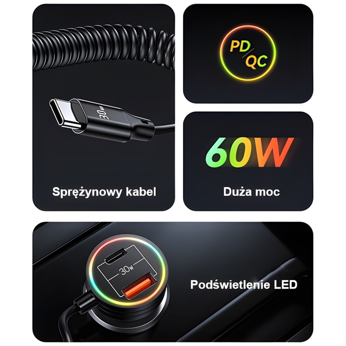 USAMS Ład. sam. 2xUSB-C 1xUSB-A C33 60W with spring cable Fast Charge czarny/black CC167CC01 (US-CC167)