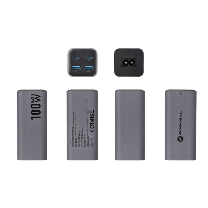 Ładowarka biurkowa Forcell F-Energy GaN III 2 x USB C + 2 x USB A QC4.0 PD 5A 100W VT-49 szara