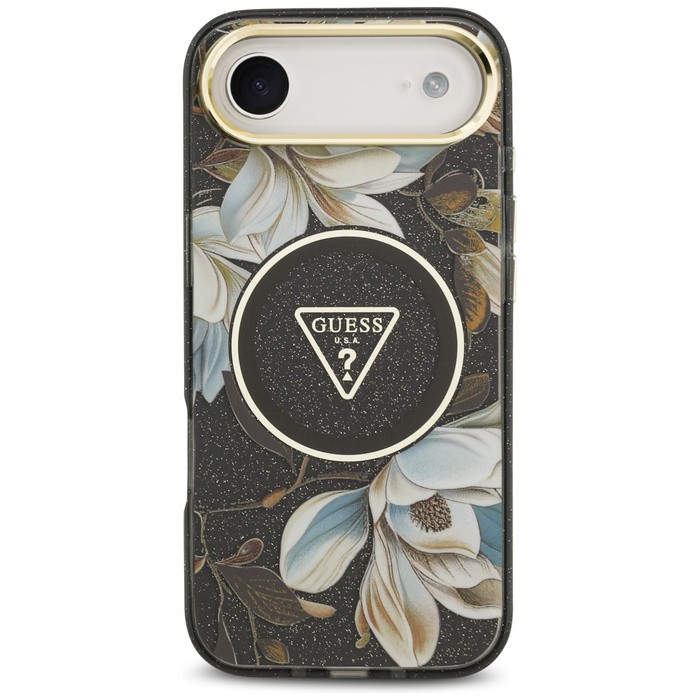 Etui Guess IML Glitter Flowers Triangle  MagSafe do iPhone Air czarny