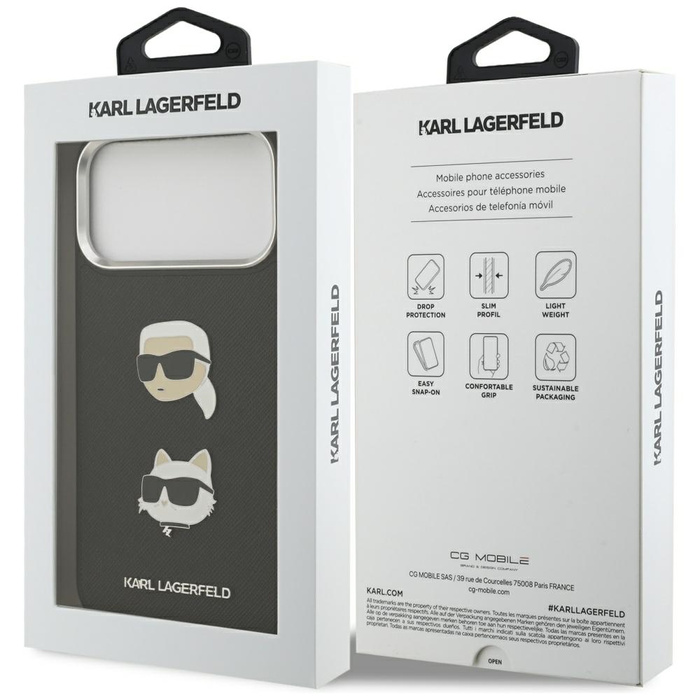 Etui Karl Lagerfeld FW Grained Karl &    Choupette Heads Pins & Logo do iPhone 17 Pro Max czarny