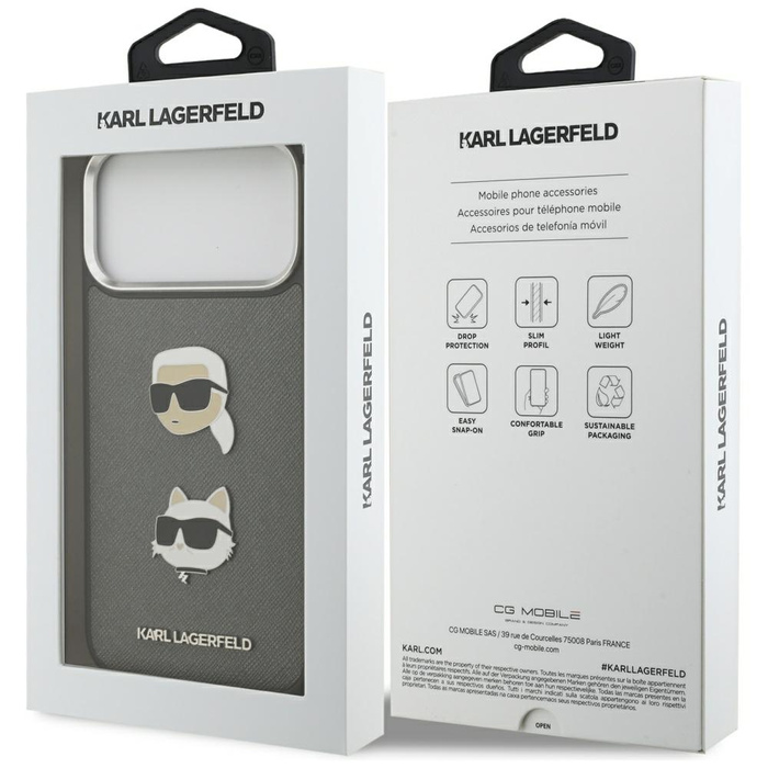 Etui Karl Lagerfeld FW Grained Karl &    Choupette Heads Pins & Logo do iPhone 17 Pro Max szary