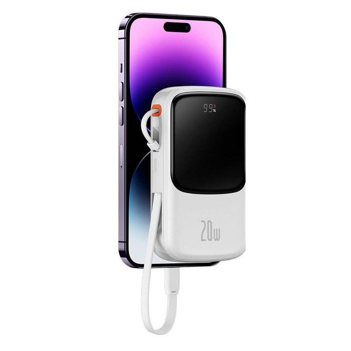 Baseus Qpow Digital Display powerbank z szybkim ładowaniem 10000mAh 20W QC/PD/SCP/FCP z wbudowanym kablem Lightning biały