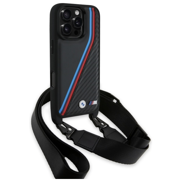Etui BMW iPhone 16 Pro czarny/black hardcase M Edition Carbon Tricolor Lines & Strap