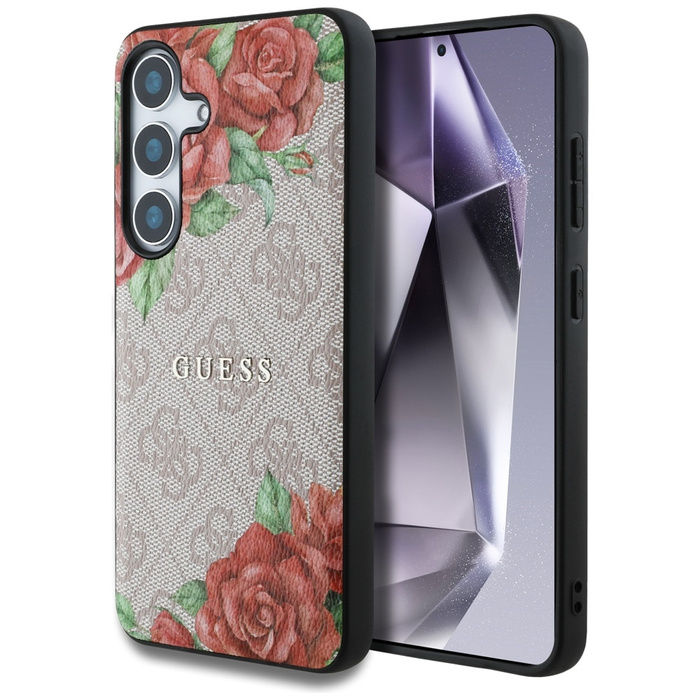 Etui Guess Leather 4G Flowers Print       Metal Classic Logo MagSafe Samsung Galaxy S25 różowy