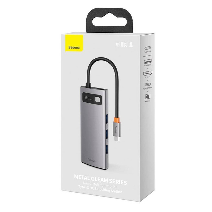 Baseus Metal Gleam 6w1 wielofunkcyjny hub USB Typ C - USB Typ C Power Delivery 100 W / HDMI 4K 30 Hz / 3x USB 3.2 Gen 1 / RJ45 1 Gbps Szary (CAHUB-CW0G)