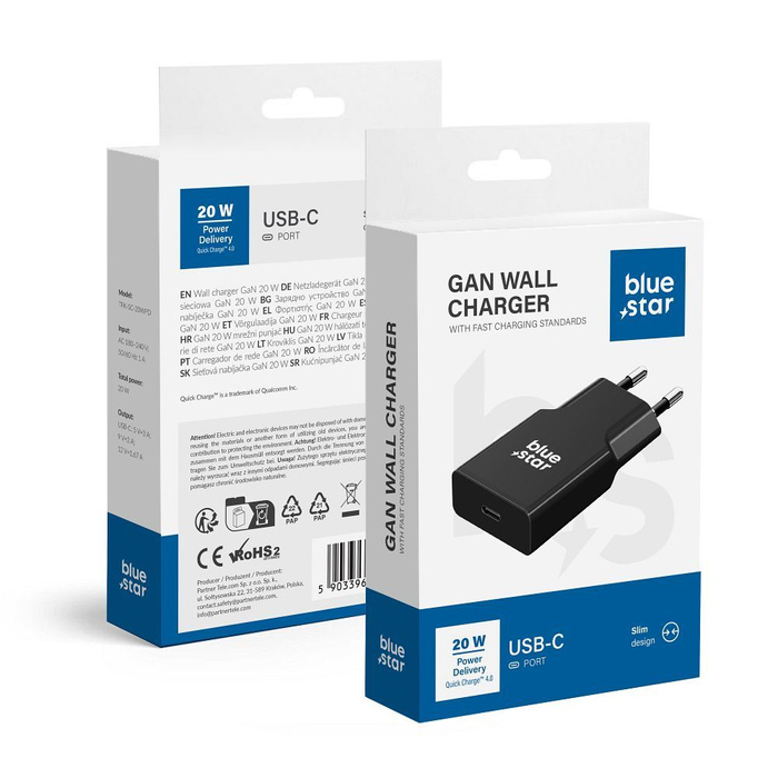 Ładowarka sieciowa do telefonu Blue Star Slim GaN USB QC4.0 PD 3A 20W TFK-SC-20WPD czarna
