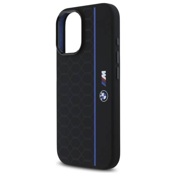 Etui BMW iPhone 16 czarny/black hardcase Silicone Hexagon Blue Line MagSafe