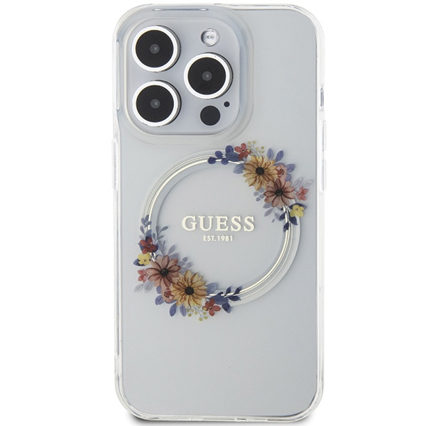 Etui Guess GUHMP15LHFWFCT iPhone 15 Pro 6.1" transparent hardcase IML Flowers Wreatch MagSafe Case