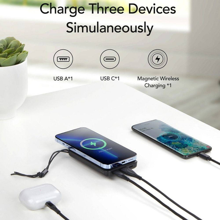 VEGER powerbank 10000 mAh z ładowaniem indukcyjnym kompatybilny z MagSafe PD QC3.0 2A 20W MagOn (VP1151 / W1151) biały