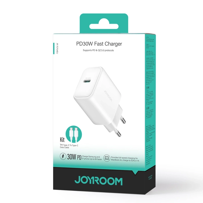 Ładowarka Joyroom JR-TCF24 sieciowa USB-C PD 30W QC SFC - biała + kabel USB-C 1m