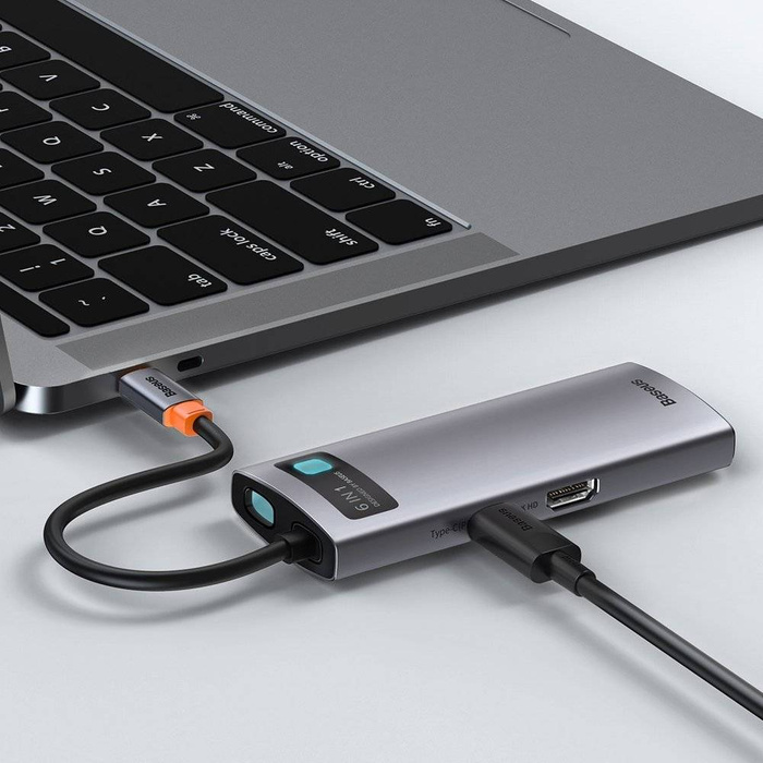 Baseus Metal Gleam 6w1 wielofunkcyjny hub USB Typ C - USB Typ C Power Delivery 100 W / HDMI 4K 30 Hz / 3x USB 3.2 Gen 1 / RJ45 1 Gbps Szary (CAHUB-CW0G)