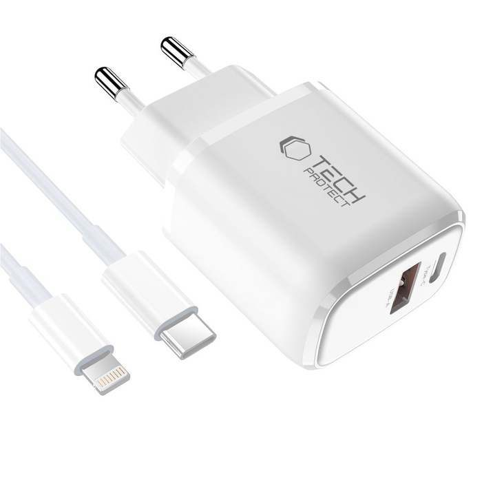 TECH-PROTECT NCA20 2-PORT NETWORK CHARGER PD 20W / QC3.0 + LIGHTNING CABLE WHITE