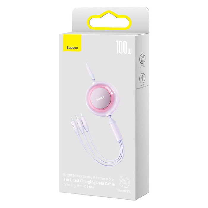 Baseus Bright Mirror 2 zwijany kabel przewód 3w1 USB Typ C - micro USB + Lightning + USB Typ C 3.5A 1.1m fioletowy (CAMJ010205)