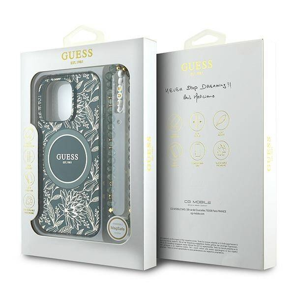 Etui Guess iPhone 16 Pro 6.3" zielony/green hardcase IML Flowers Allover Electro With Pearl Strap MagSafe
