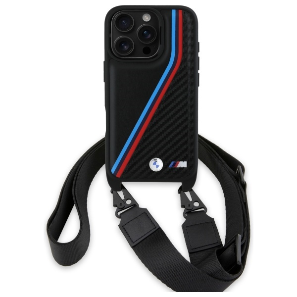 Etui BMW iPhone 16 Pro Max czarny/black hardcase M Edition Carbon Tricolor Lines & Strap