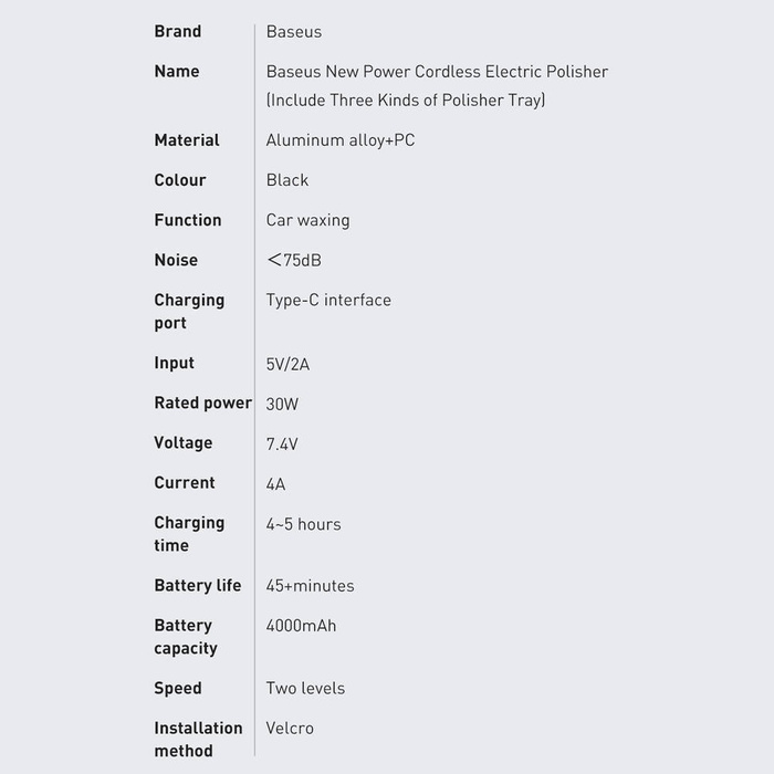 Baseus bezprzewodowa elektryczna maszyna polerska 30W 4000mAh czarna (CRDLQ-B01)