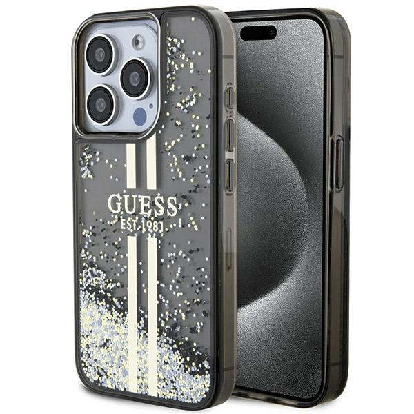 Etui Guess GUHCP15LLFCSEGK iPhone 15 Pro 6.1" czarny/black hardcase Liquid Glitter Gold Stripes Case