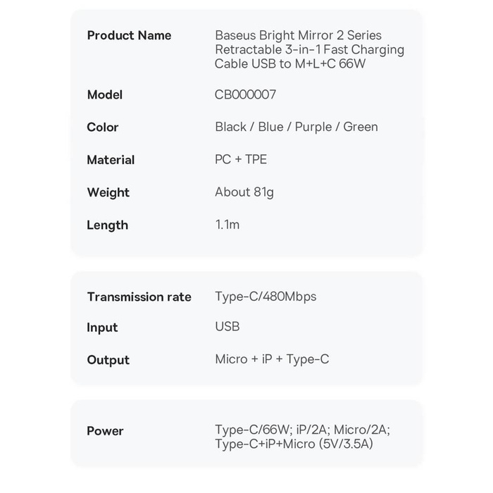 Baseus Bright Mirror 2 zwijany kabel przewód 3w1 USB Typ A - micro USB + Lightning + USB Typ C 66W 1.1m niebieski (CAMJ010103)