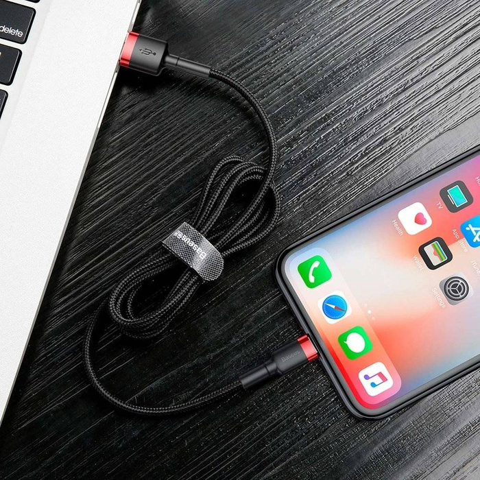 Baseus Cafule Cable wytrzymały nylonowy kabel przewód USB / Lightning QC3.0 2.4A 0,5M czarno-czerwony (CALKLF-A19)
