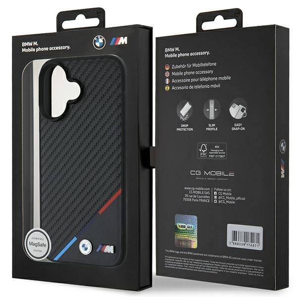 Etui BMW iPhone 16 6.1" czarny/black hardcase M Carbon Tricolor Line MagSafe