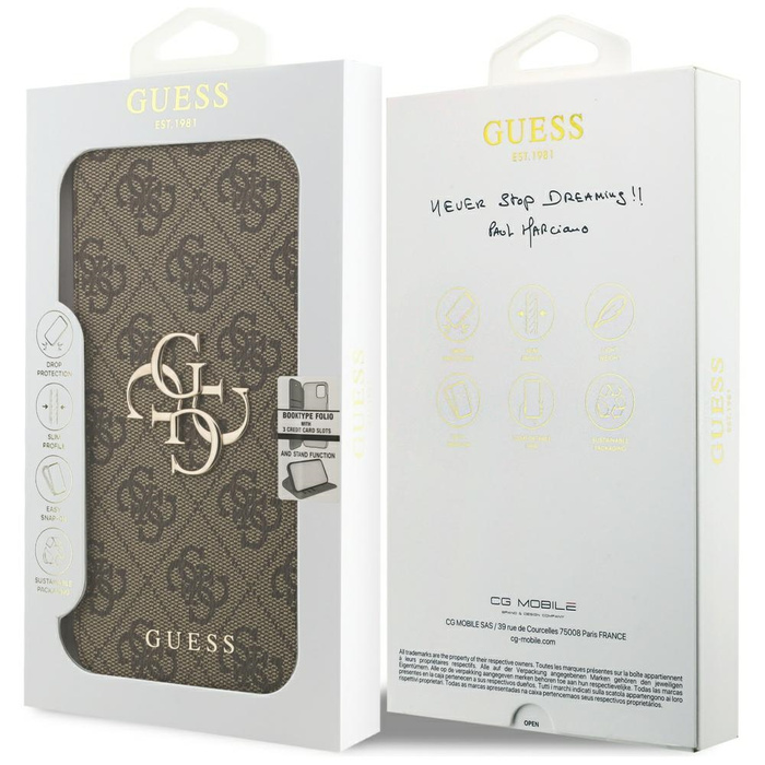 Etui Guess Book 4G Metal Logo do iPhone  17 Pro Max brązowy