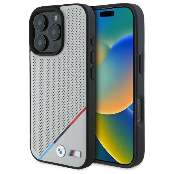 Etui BMW iPhone 16 Pro Max 6.9" szary/grey hardcase M Perforated Tricolor Line MagSafe