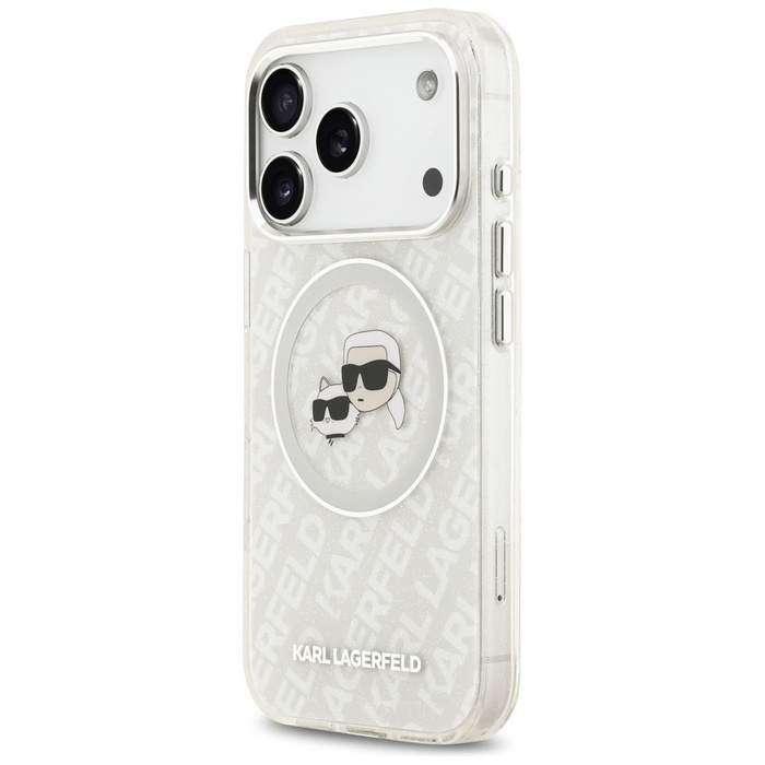 Etui Karl Lagerfeld IML Glitter Karl &   Choupette Heads Logo MagSafe do iPhone 17 Pro szary