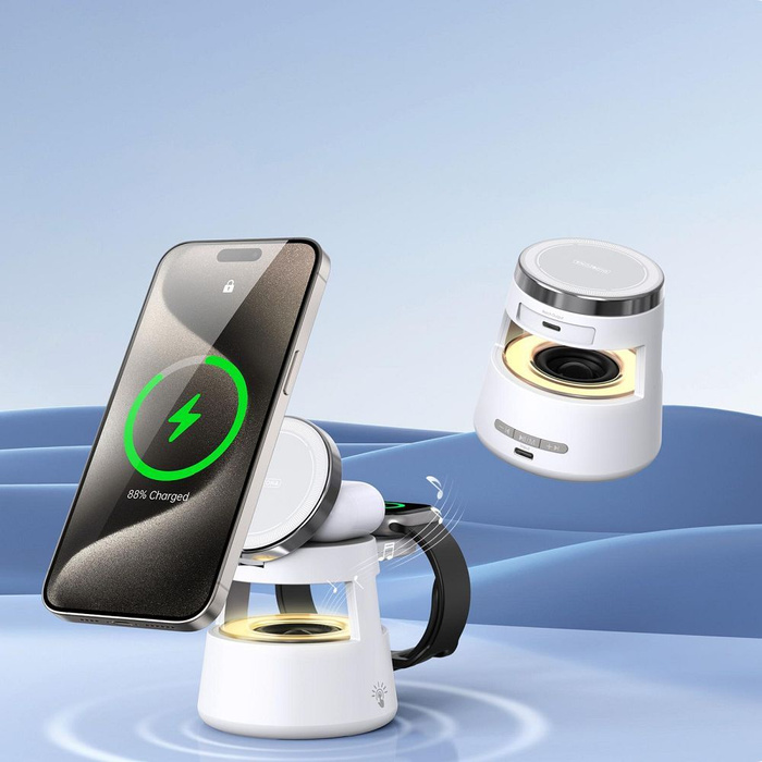 DUZZONA W23 - ładowarka indukcyjna 5w1 z głośnikiem Bluetooth i podświetleniem, kompatybilna z MagSafe 15W czarna