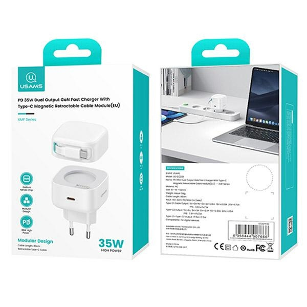 USAMS Ład. siec. 1xUSB-C ze zwijanym kablem USB-C (only head) PD+QC 35W Gan Fast Charging biały/white XMF Series CC202TC02 (US-CC202)