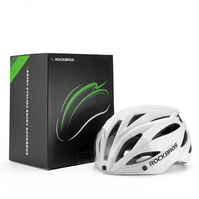 Kask rowerowy Rockbros z szybką, odpinane okulary z ochroną UV, unisex, błyszczący - biały