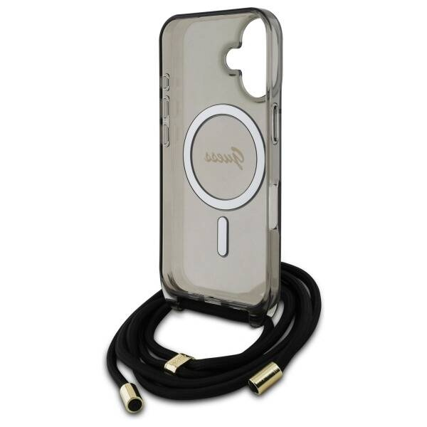 Etui Guess iPhone 16 6.1" czarny/black hardcase Crossbody Cord Script MagSafe