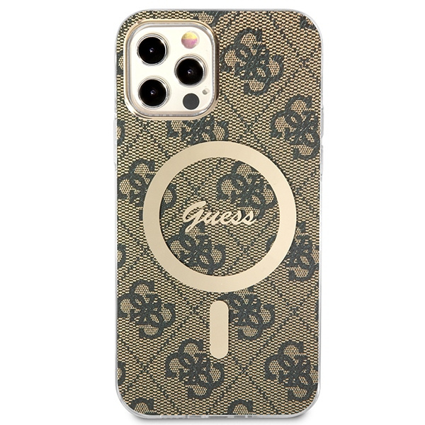 Zestaw Etui Guess Case+ Charger iPhone 12/12 Pro brązowy/brown hard case 4G Print MagSafe