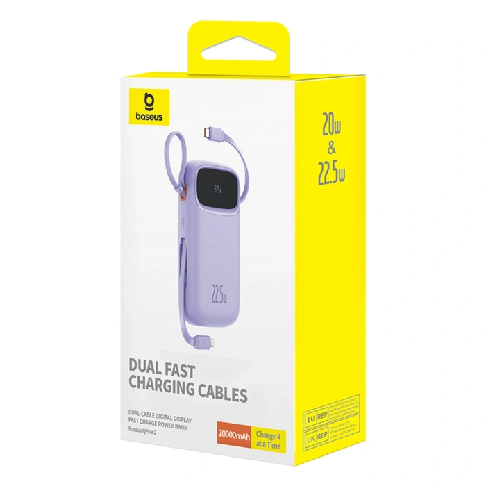 Powerbank Baseus Qpow2 20000mAh 22,5W z podwójnym kablem z wyświetlaczem cyfrowym + kabel Baseus Simple USB-C 3A 0,3m (biały) - fioletowy
