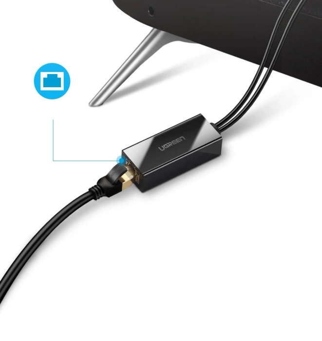Karta sieciowa Ugreen 30985 zewnętrzna do Chromecast ze złączami micro USB / USB-A 100Mb/s 1m - czarna