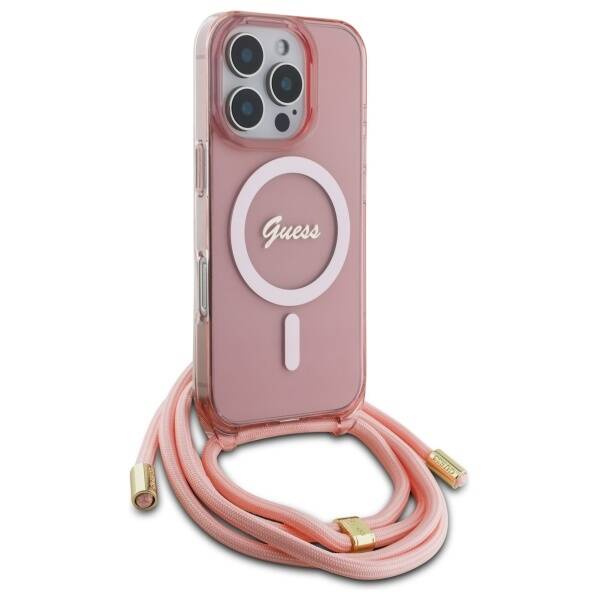 Etui Guess iPhone 16 Pro Max 6.9" różowy/pink hardcase Crossbody Cord Script MagSafe