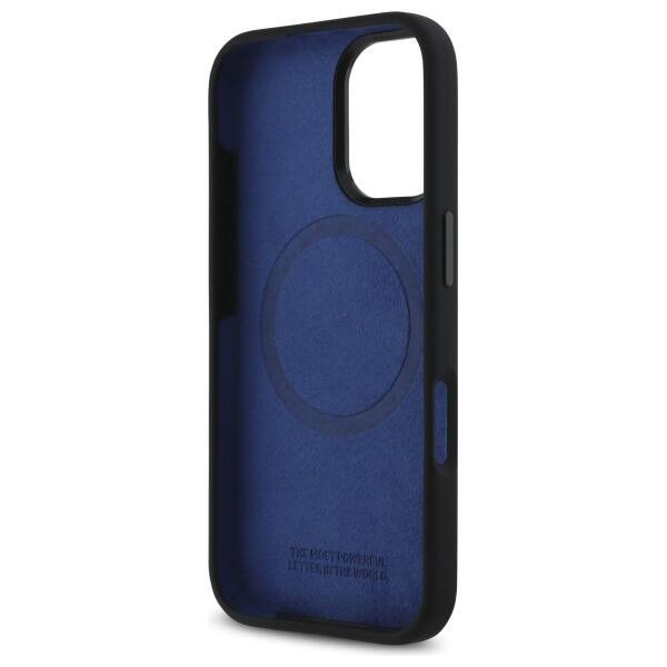 Etui BMW iPhone 16 czarny/black hardcase Silicone Hexagon Blue Line MagSafe
