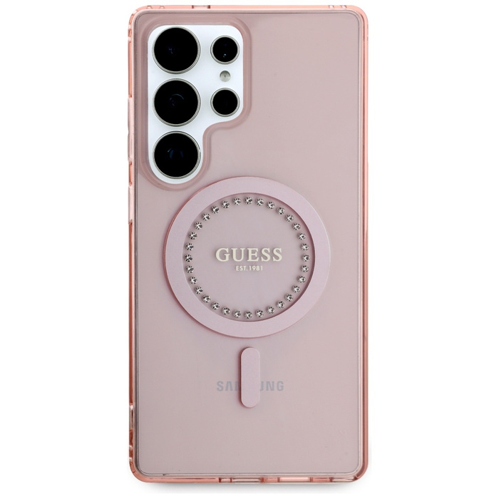 Etui Guess Rhinestones Printed Classic    Logo MagSafe Samsung Galaxy S25 Ultra różowy