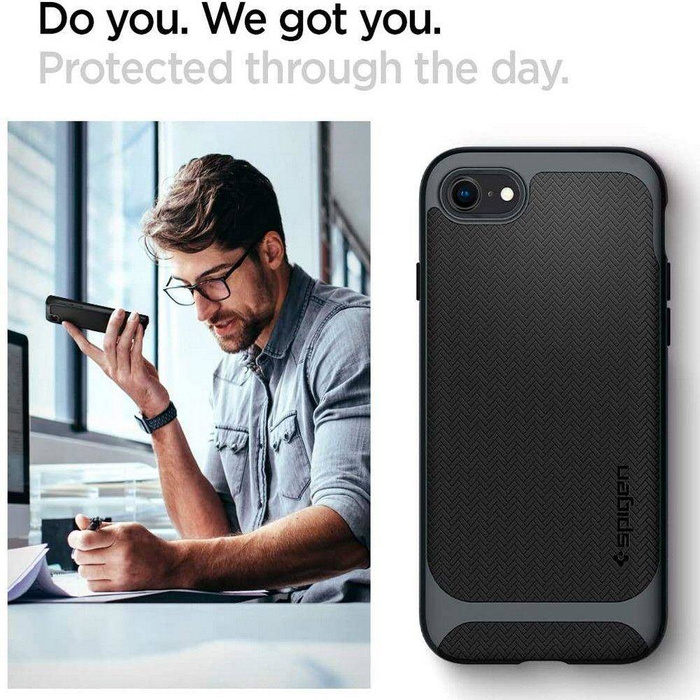 Etui Spigen iPhone SE 2022 2020 7 8 Neo Hybrid Metal Slate Szare Case + Szkło SPIGEN Glas.Tr Slim