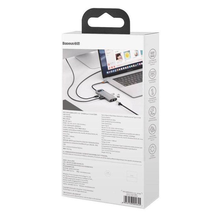 Baseus Metal Gleam 6w1 wielofunkcyjny hub USB Typ C - USB Typ C Power Delivery 100 W / HDMI 4K 30 Hz / 3x USB 3.2 Gen 1 / RJ45 1 Gbps Szary (CAHUB-CW0G)