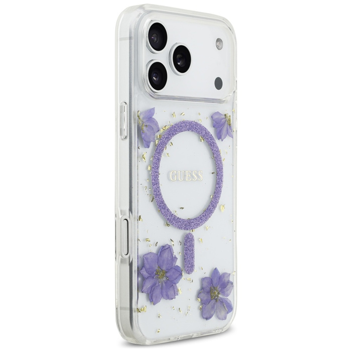 Etui Guess Resin Flowers Glitter MagSafe do iPhone 17 Pro Max fioletowy
