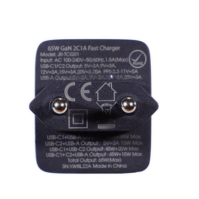 Joyroom szybka ładowarka GaN 65W USB, 2x USB C czarna + kabel USB C - USB C 100W 1.2m (TCG01)