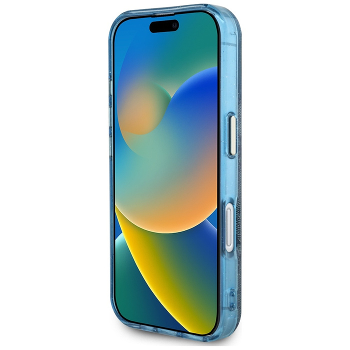 Etui Guess IML Metal Glitter 4G Circle   Triangle MagSafe do iPhone 16 niebieski