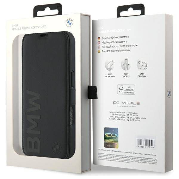 Etui BMW iPhone 16 Pro czarny/black bookcase Signature Leather Wordmark
