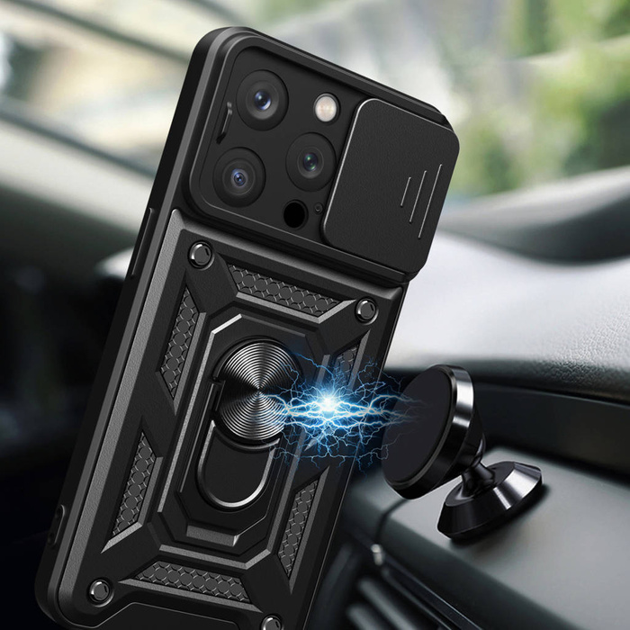 Etui Pancerne etui z podstawką i osłoną aparatu do iPhone 15 Pro Hybrid Armor Camshield - różowe Case