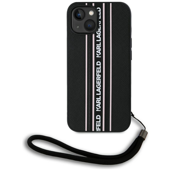 Etui Karl Lagerfeld Saffiano Athleisure  Stripes Cord do iPhone 15 czarno-różowy