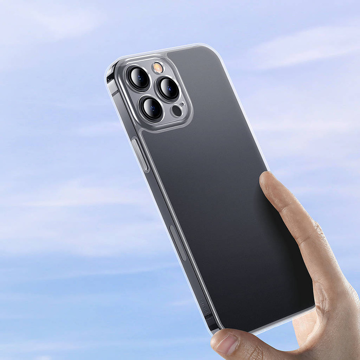 Etui Baseus Frosted Glass Case pokrowiec do iPhone 13 Pro Max sztywna obudowa z żelową ramką przezroczysty (ARWS000802)