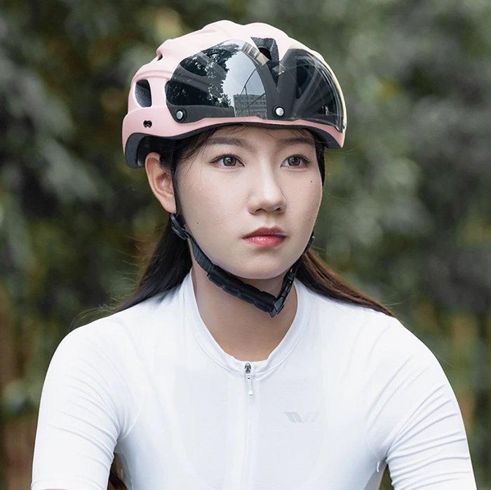 Kask rowerowy Rockbros z szybką, odpinane okulary z ochroną UV, odłączany daszek, unisex - różowy