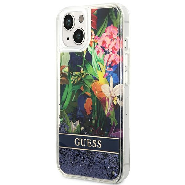 Etui GUESS Apple iPhone 14 Plus Flower Liquid Glitter Niebieski Hardcase