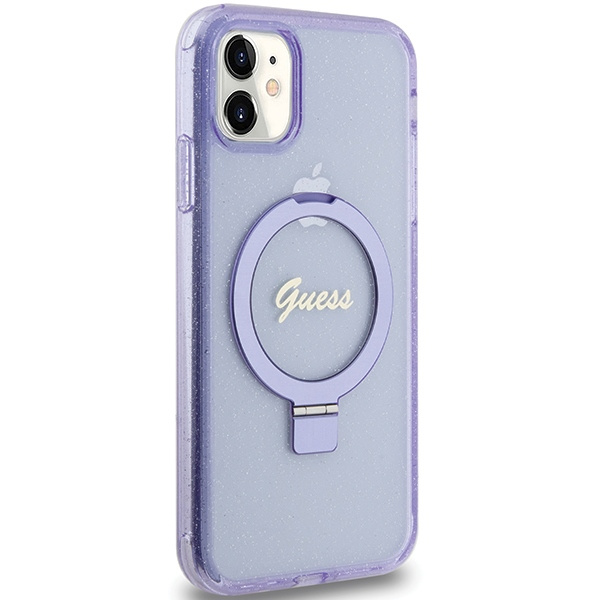 Etui Guess GUHMN61HRSGSU iPhone 11 / Xr 6.1" fioletowy/purple hardcase Ring Stand Script Glitter MagSafe Case