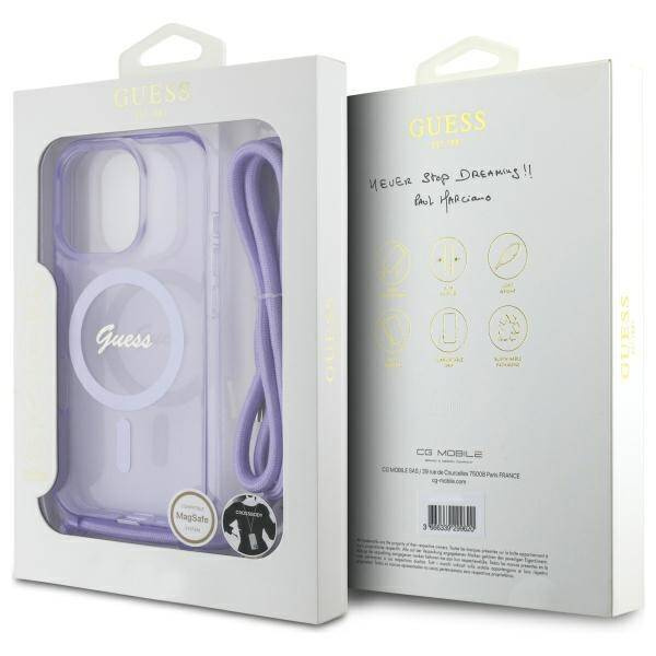 Etui Guess iPhone 16 Pro Max 6.9" fioletowy/purple hardcase Crossbody Cord Script MagSafe